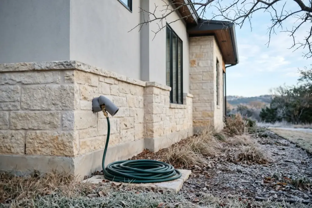 Insulated foam cover on an outdoor faucet and a disconnected coiled garden hose on a frosty winter morning at a limestone Hill Country home near Austin Texas