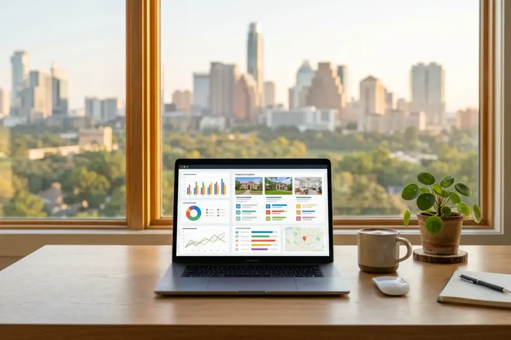 Laptop on a desk showing a real estate property comparison dashboard with the Austin Texas skyline and Hill Country visible through the window at golden hour