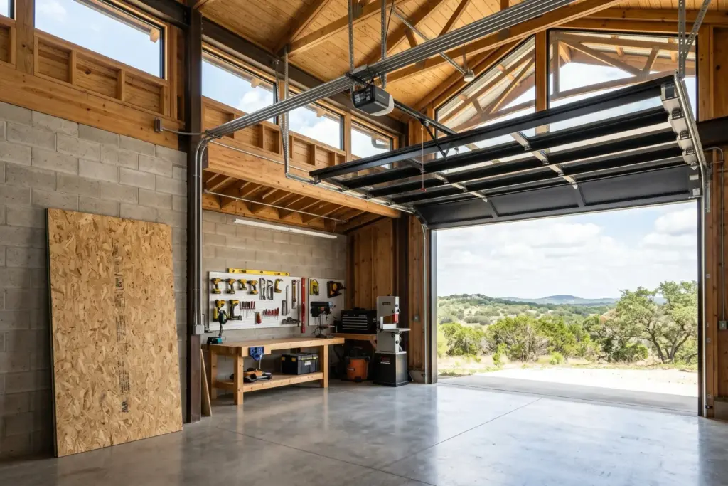 Home workshop garage in a Texas Hill Country home with tall ceiling, plywood standing on edge, clean slab, and wide roll-up door