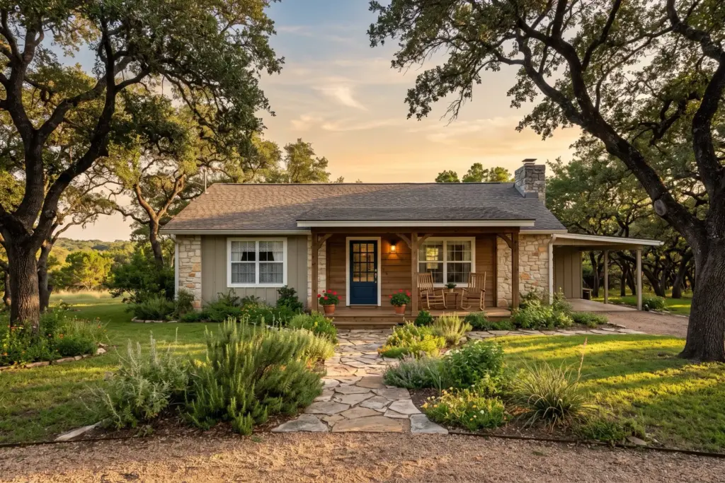 Older single-story ranch home among live oak trees at golden hour in the Austin Texas Hill Country, representing an inherited family home