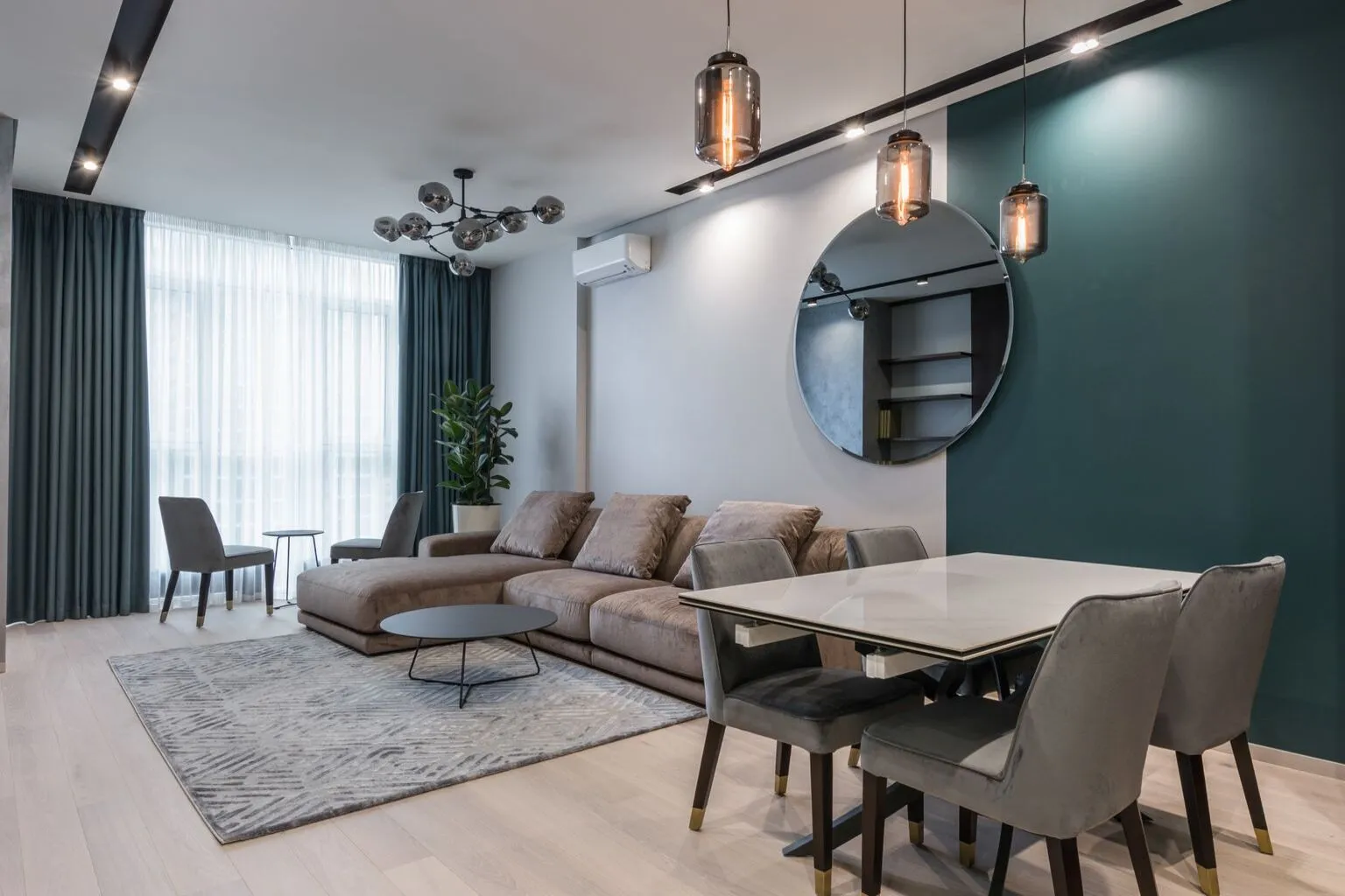 Modern accessible bathroom with walk-in shower, grab bars, and bench seat for aging in place