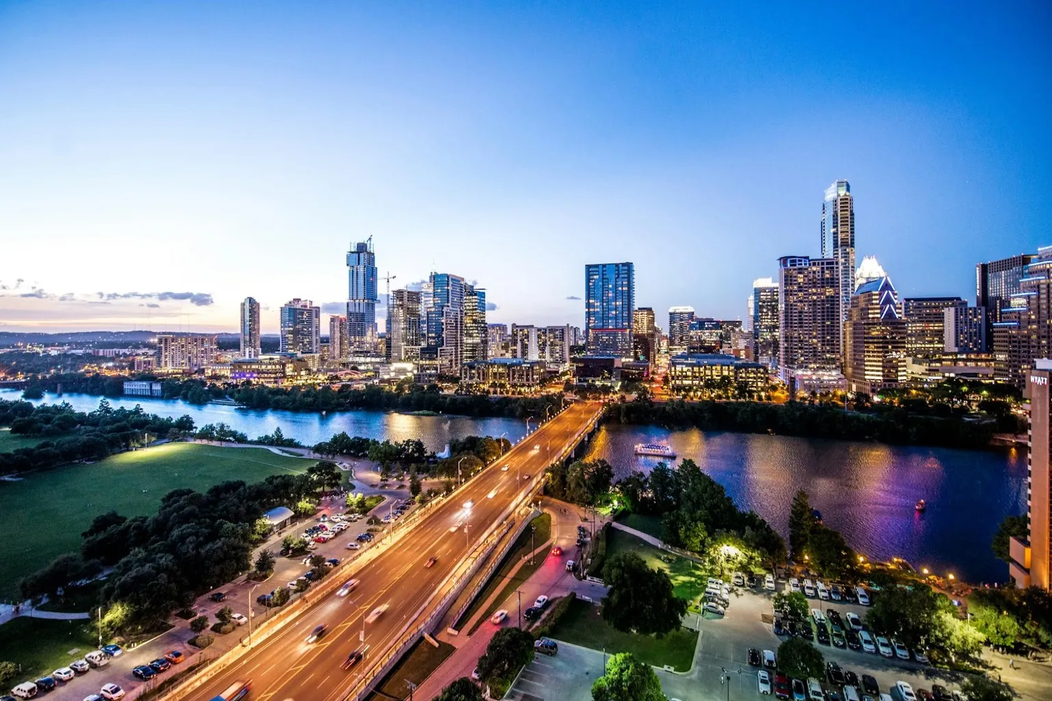 Downtown Austin Texas skyline at dusk over Lady Bird Lake