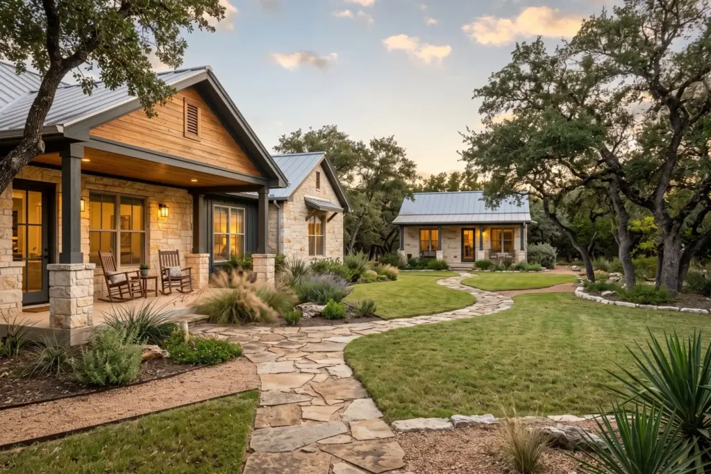 Main home with a separate detached guest house and casita on a landscaped Hill Country lot near Austin Texas at golden hour