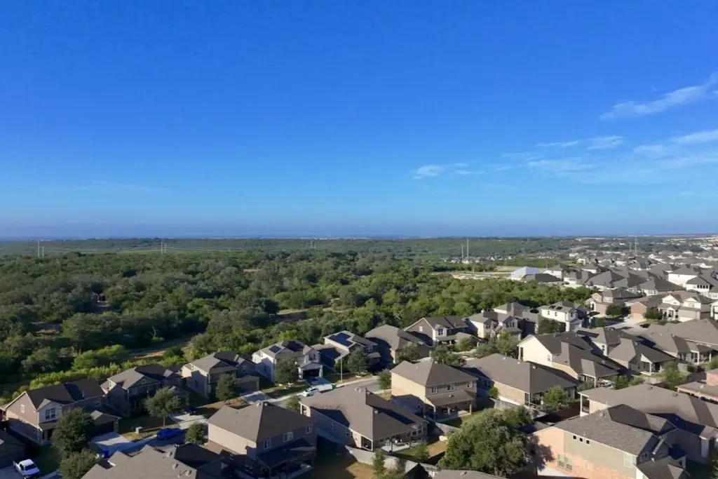 Aerial view of a suburban Austin Texas neighborhood