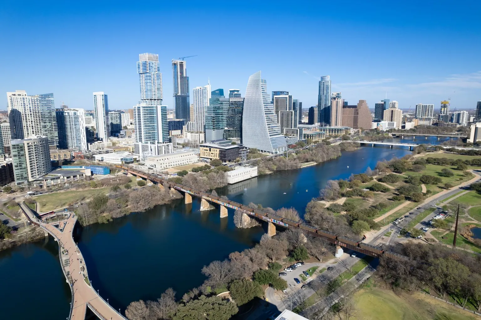 Aerial view of Austin Texas downtown skyline with buildings and Lady Bird Lake