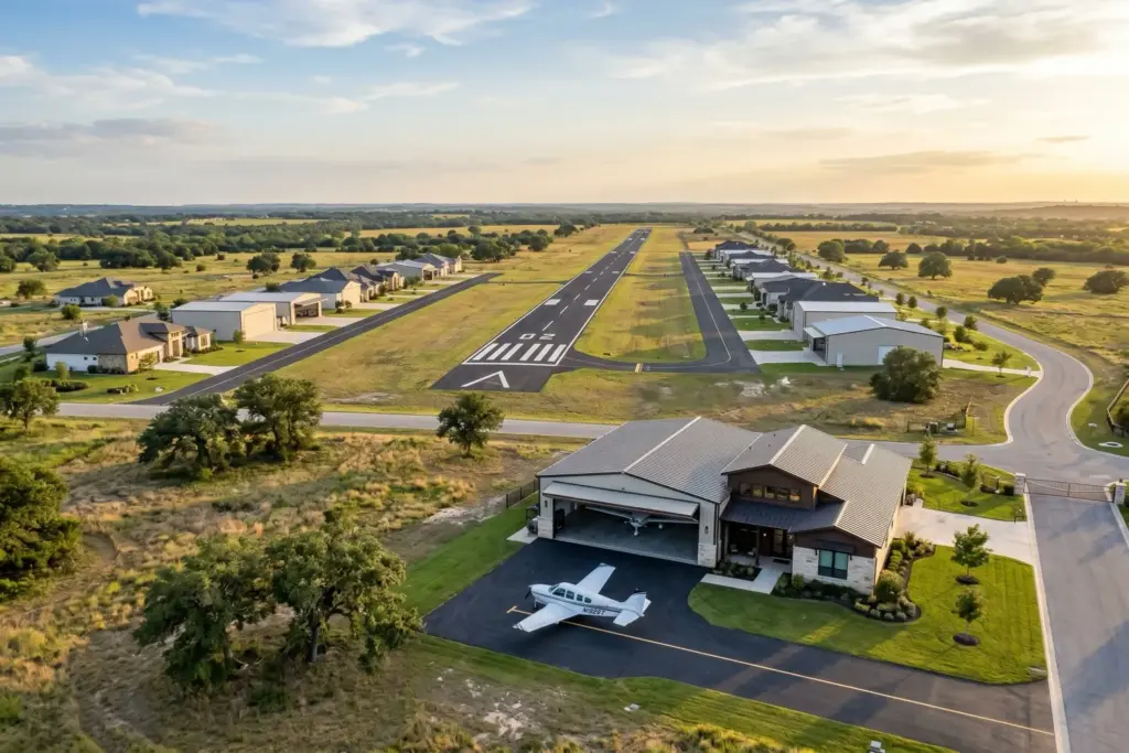 Asphalt runway and modern hangar home with a parked single-engine airplane at Georgetown Airpark TA68 fly-in community east of Georgetown Texas