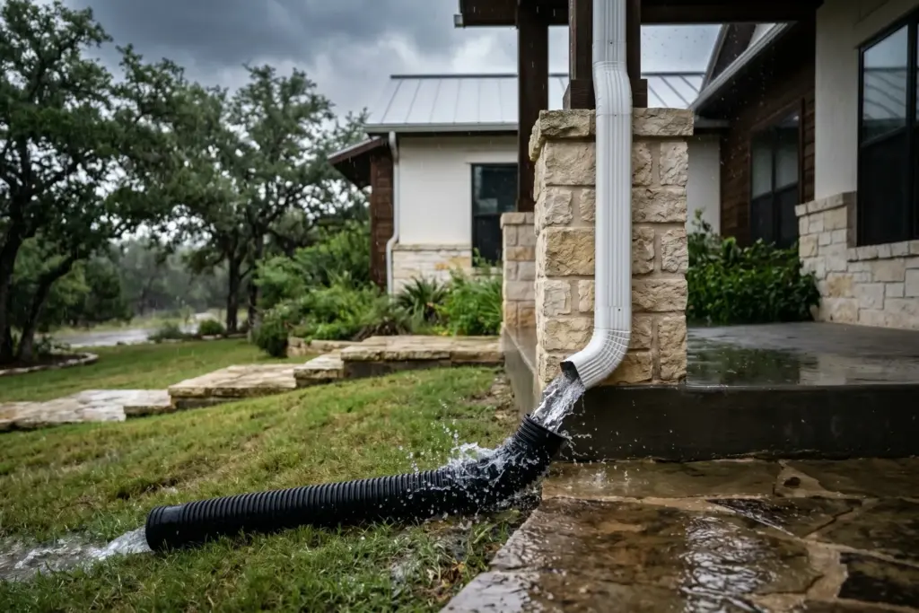 Rainwater streaming from a white gutter downspout into a black extension pipe carrying it away from the slab foundation of a limestone Hill Country home west of Austin Texas during a storm