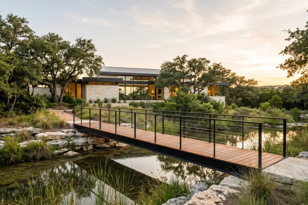 Clean-lined modern steel and wood pedestrian bridge crossing a creek toward a contemporary limestone-and-glass luxury home in the Texas Hill Country west of Austin