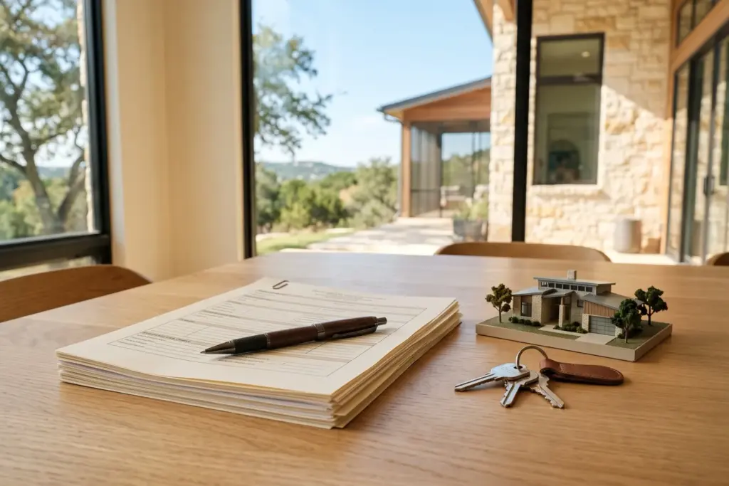 Closing paperwork, a pen, and house keys on a table with a Texas Hill Country home in the background representing a Texas home closing timeline