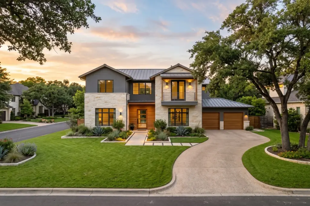 Two-story limestone home with live oaks in an Austin, Texas neighborhood, representing selling a home to an iBuyer versus listing with an agent
