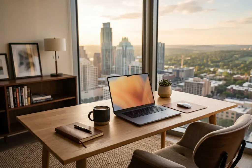 Modern home office desk with an open laptop and coffee overlooking the Austin Texas skyline and Hill Country, used to run Claude AI prompts on live MLS data