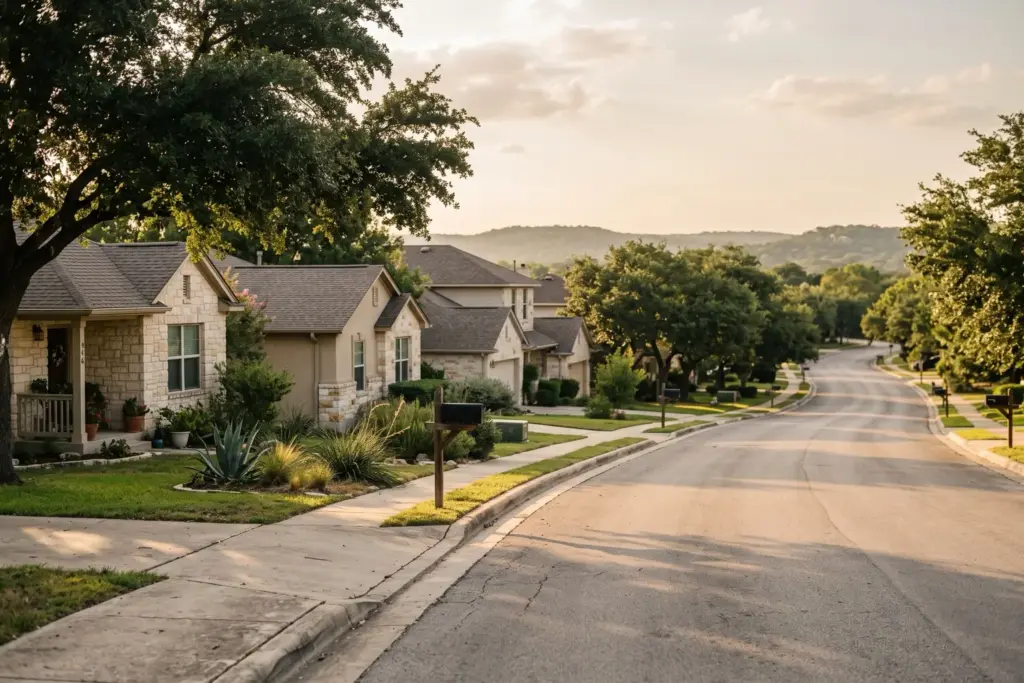 Suburban street of limestone and stucco homes with mature live oaks in a Texas Hill Country neighborhood west of Austin at golden hour, with curbside mailboxes and a distant ridgeline