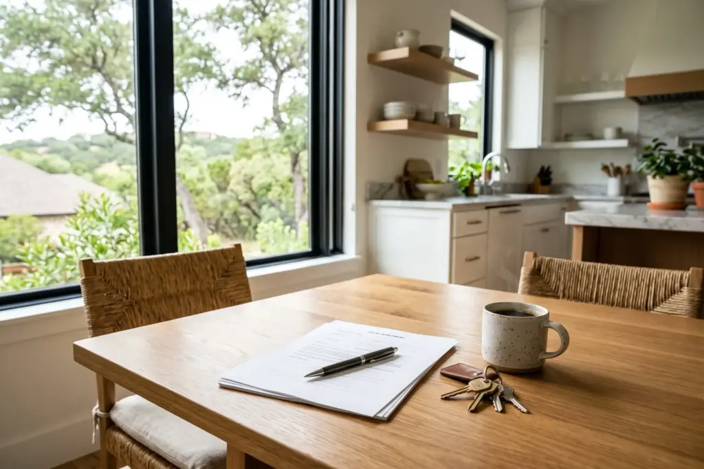Printed buyer representation agreement with a pen, house keys, and coffee on a kitchen table in an Austin Texas home with Hill Country view