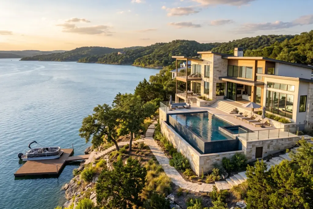 Waterfront vacation home with a swimming pool and private boat dock overlooking a full Lake Travis at golden hour in the Texas Hill Country west of Austin