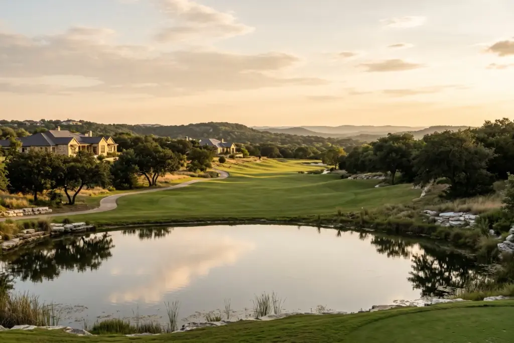 Golf course fairway and irrigation pond at golden hour in the Texas Hill Country west of Austin, with live oaks, limestone outcroppings and hillside homes