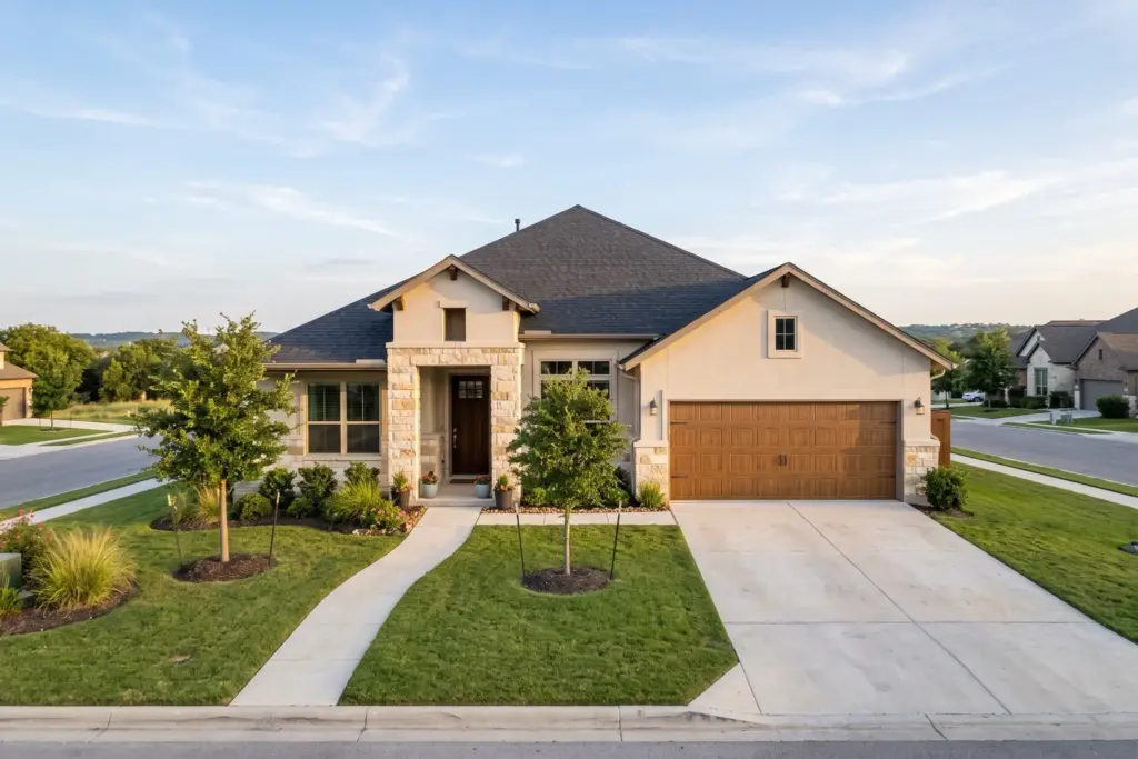 One-story single-family rental home with a two-car garage and live oak trees in Kyle Texas, south of Austin