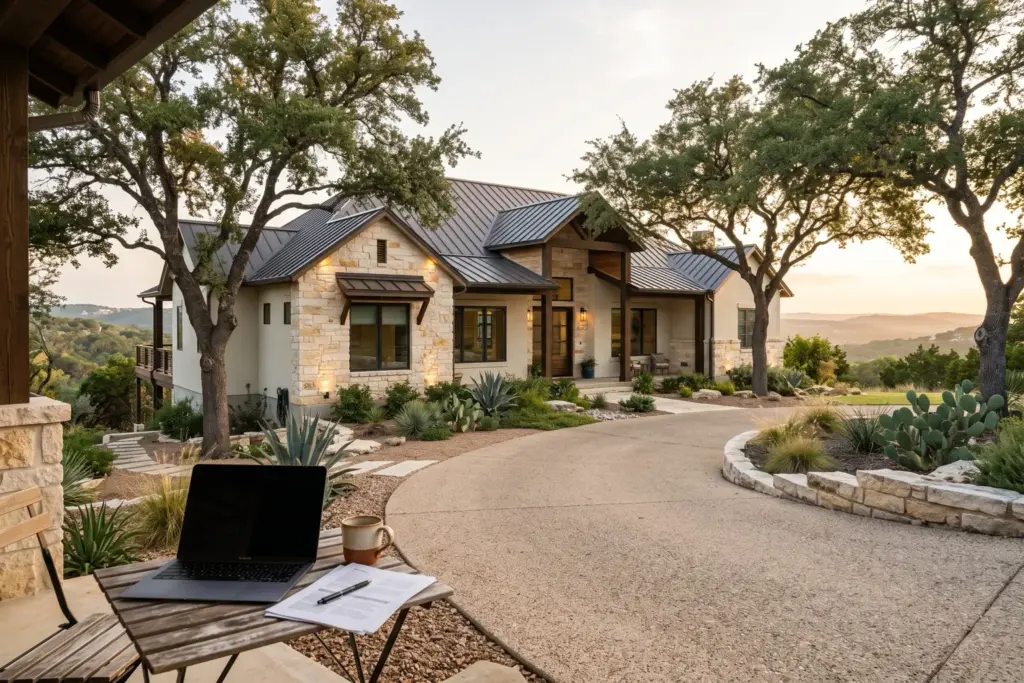 Modern limestone Texas Hill Country home west of Austin at golden hour, with a laptop, coffee mug and paperwork on a porch table in the foreground