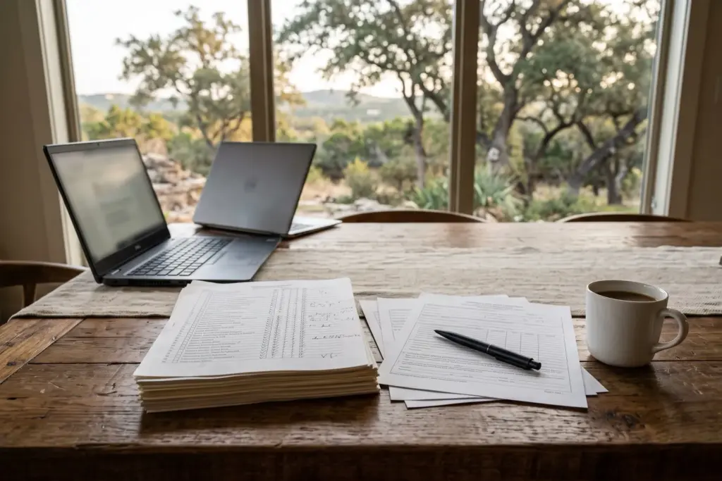 Stack of home inspection report pages and TREC contract forms with a pen and coffee cup on a wooden table, Texas Hill Country oak trees visible through the window