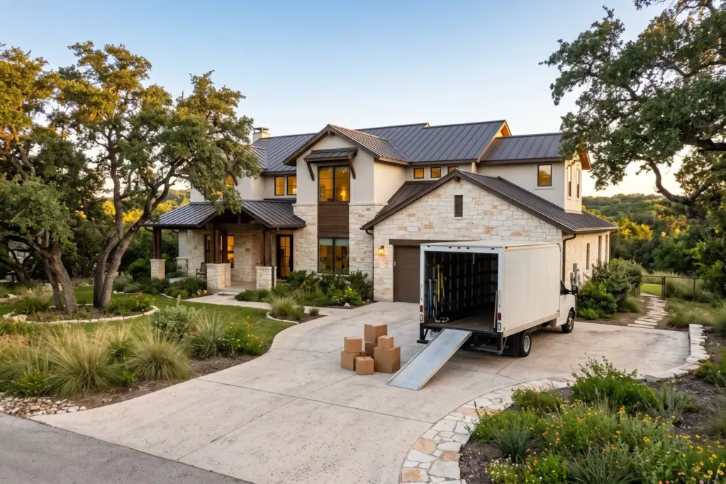 Moving truck parked in the driveway of a stone Hill Country home in Bee Cave, Texas, illustrating portable mortgages and the MOVE Act