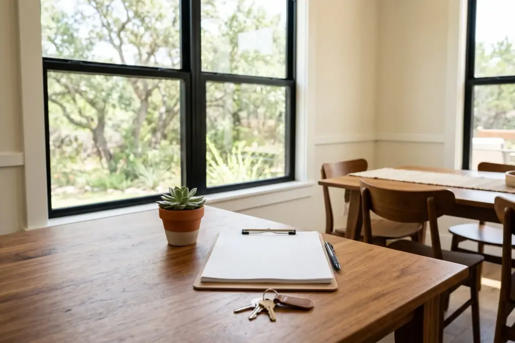 Home sale disclosure paperwork and pen on a wooden table by a window in an Austin, Texas home