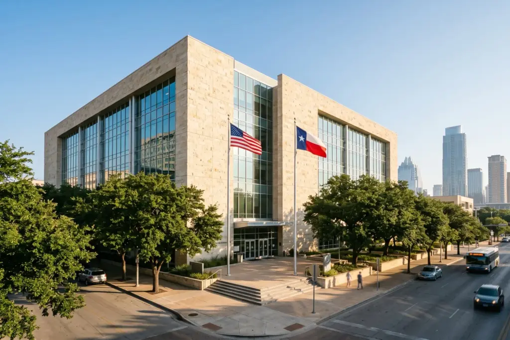 Travis County administration building in downtown Austin, Texas with American and Texas flags and live oak trees on a clear summer morning