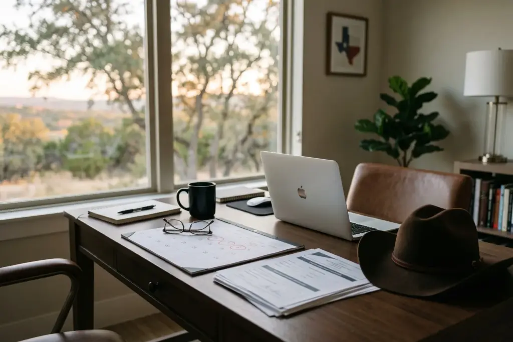 Home office desk of a Texas real estate agent showing a desk calendar with renewal deadline dates circled in red, a stack of course completion certificates, reading glasses and a laptop, with the Texas Hill Country west of Austin visible through the window at golden hour