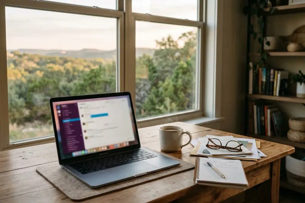 Home office desk with an open laptop showing an AI chat interface, coffee mug and notebook, with Texas Hill Country oaks visible through the window near Austin