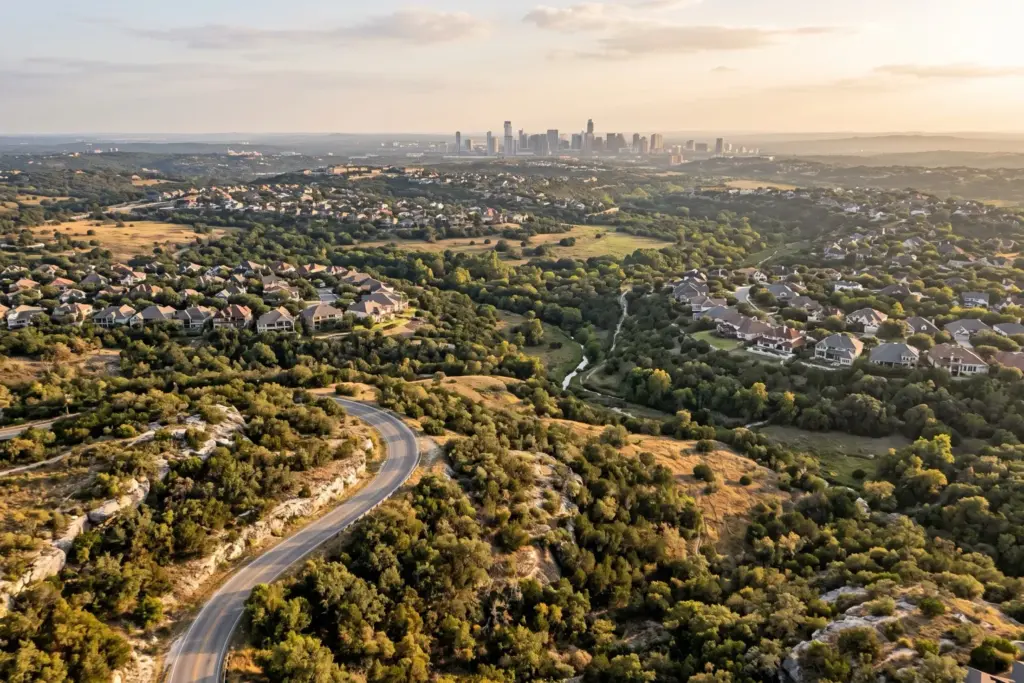 Aerial golden hour view across the Texas Hill Country toward the downtown Austin skyline, showing two separate residential communities divided by greenbelt in the Austin metro