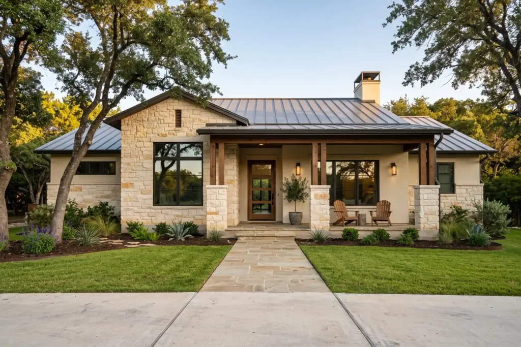 Single-story limestone Hill Country home in Georgetown, Texas with a covered front porch, a flat walkway and one step at the front door, framed by mature live oaks at golden hour