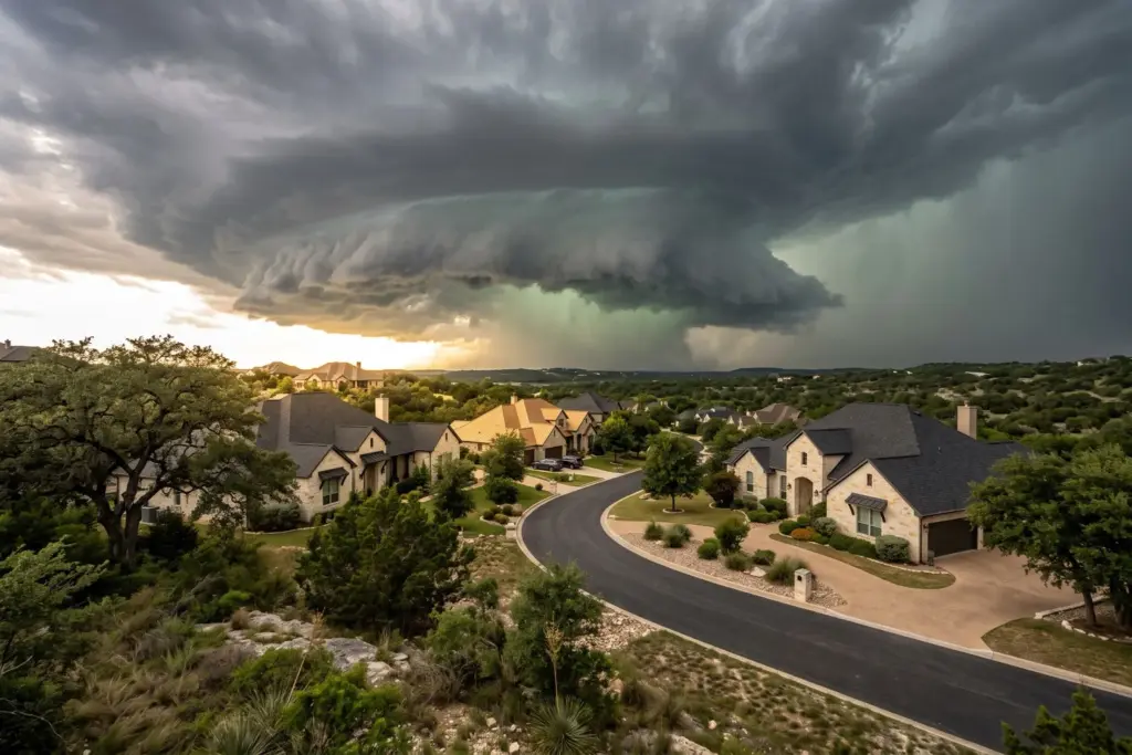 Dark severe thunderstorm with a green tinged hail core building over stone homes with composition shingle roofs in the Texas Hill Country west of Austin