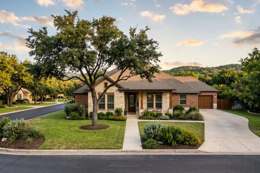 Single-story limestone and brick home with a live oak in the front yard on a quiet street in Austin, Travis County, Texas at golden hour