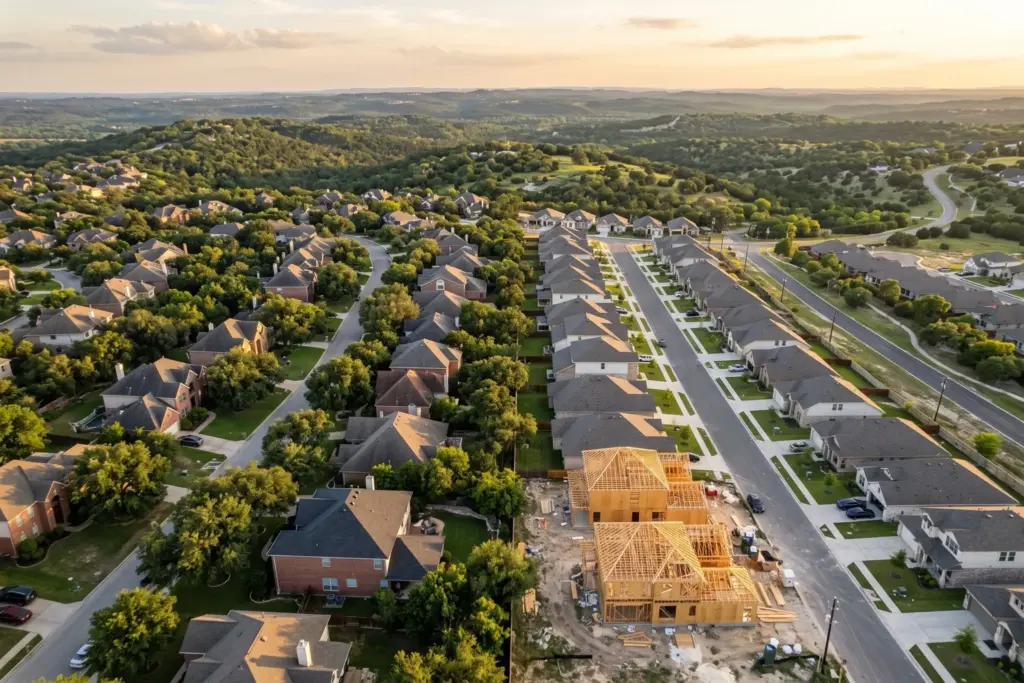 Aerial view of an established Hays County neighborhood with mature live oaks beside a new-construction subdivision with homes in wood framing, Texas Hill Country on the horizon