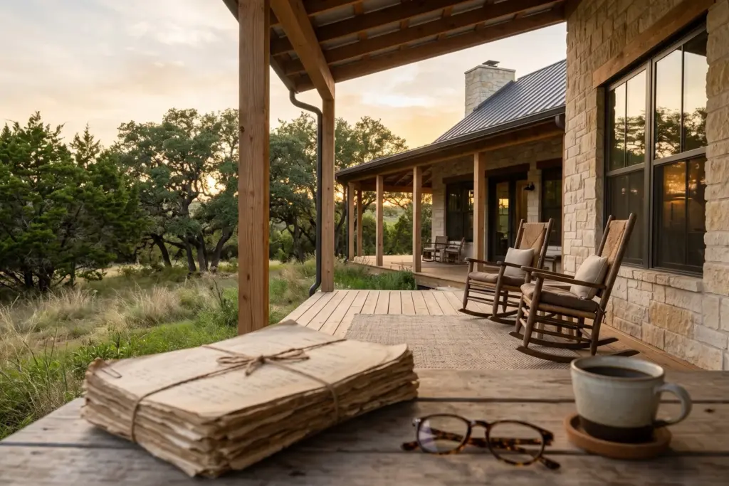 Covered porch of a limestone Hill Country home near Wimberley, Texas, with a stack of old recorded deed restriction papers, reading glasses and coffee on a wooden table